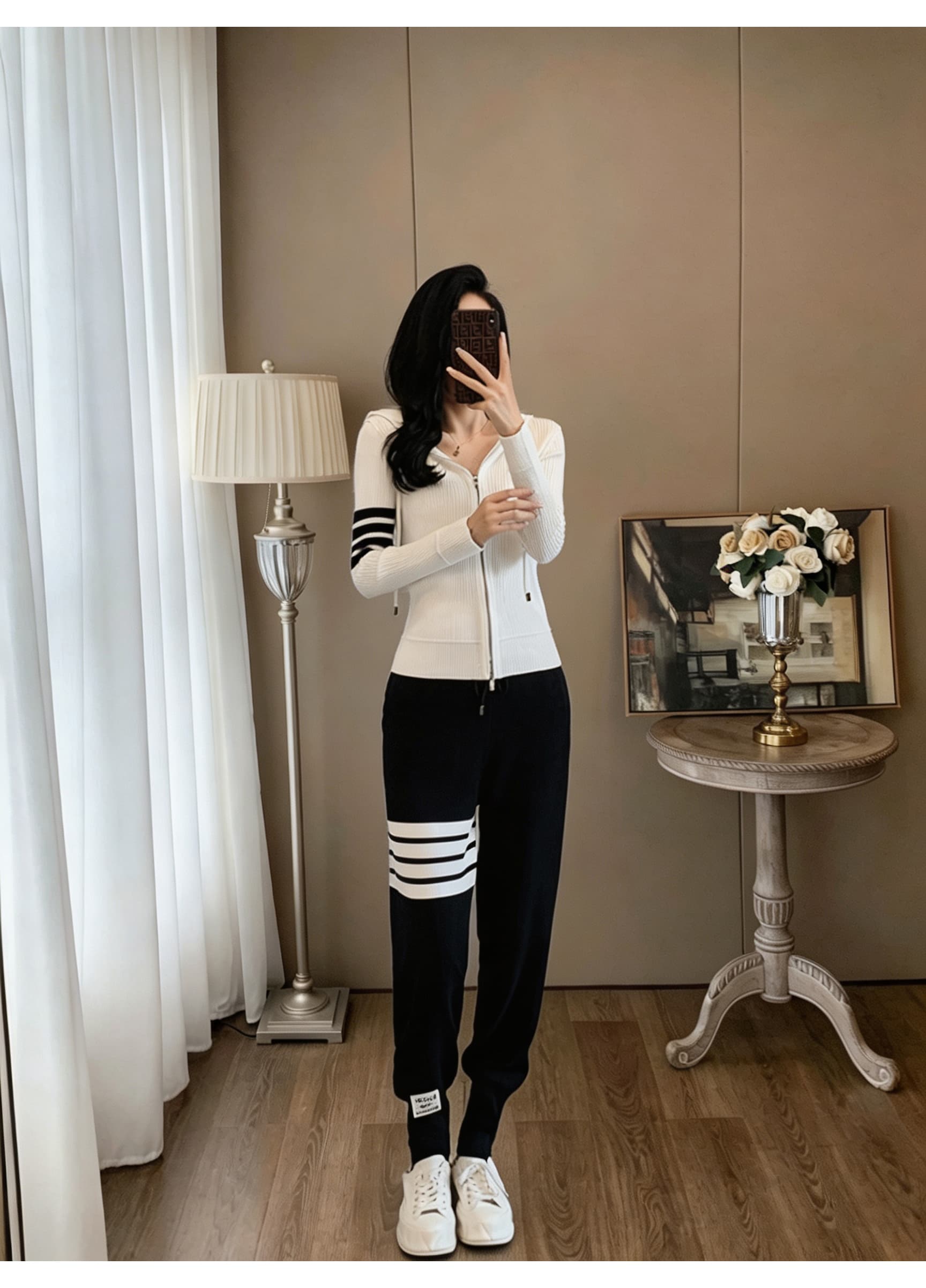 유럽 역 세련된 튀김 거리 후드 지퍼 후드티 세트 가을 새로운 외국 가스 슬림해 보이는 작은 발 바지 두 조각 여성 세트 상세 이미지 3
