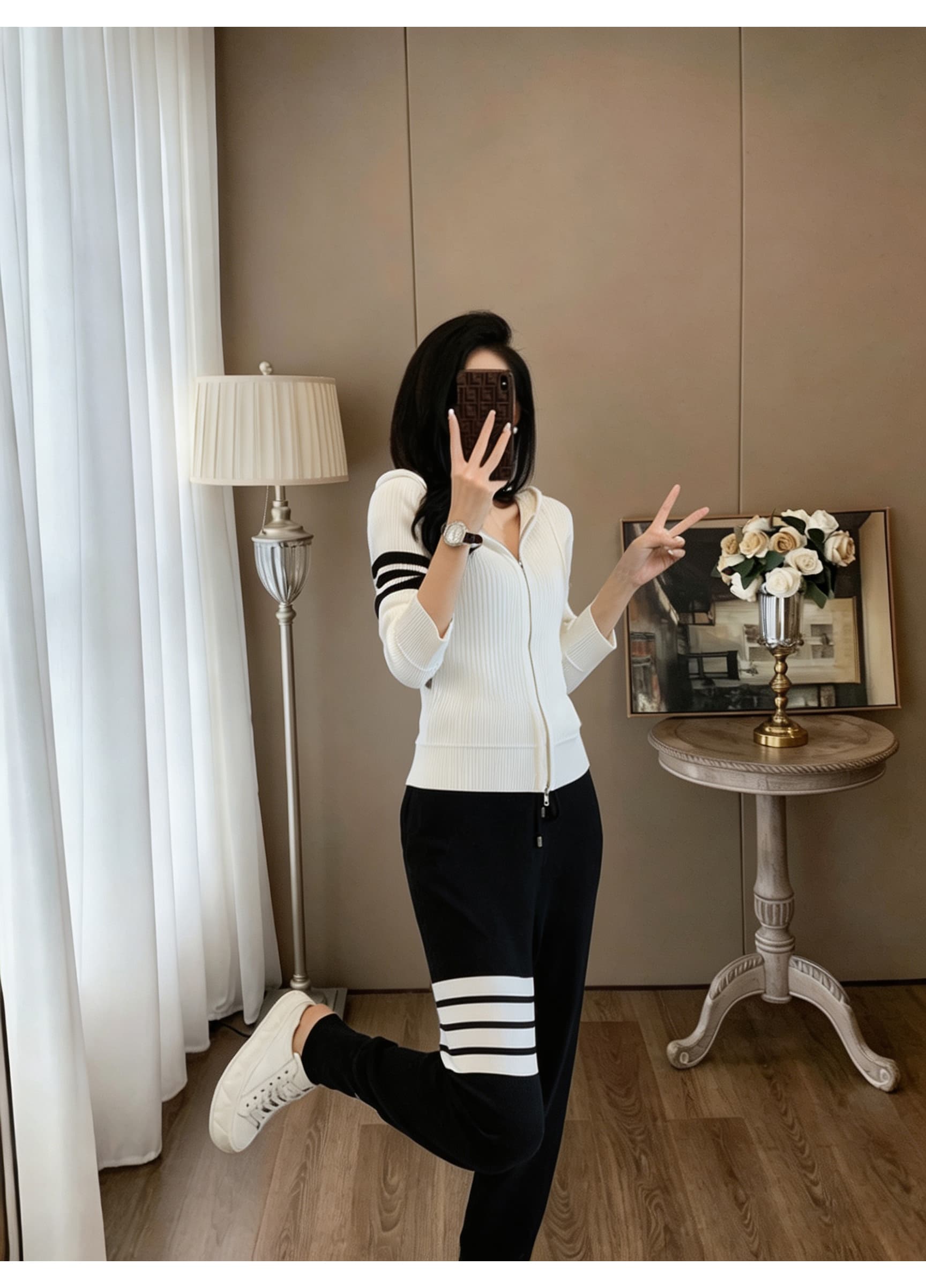 유럽 역 세련된 튀김 거리 후드 지퍼 후드티 세트 가을 새로운 외국 가스 슬림해 보이는 작은 발 바지 두 조각 여성 세트 상세 이미지 6