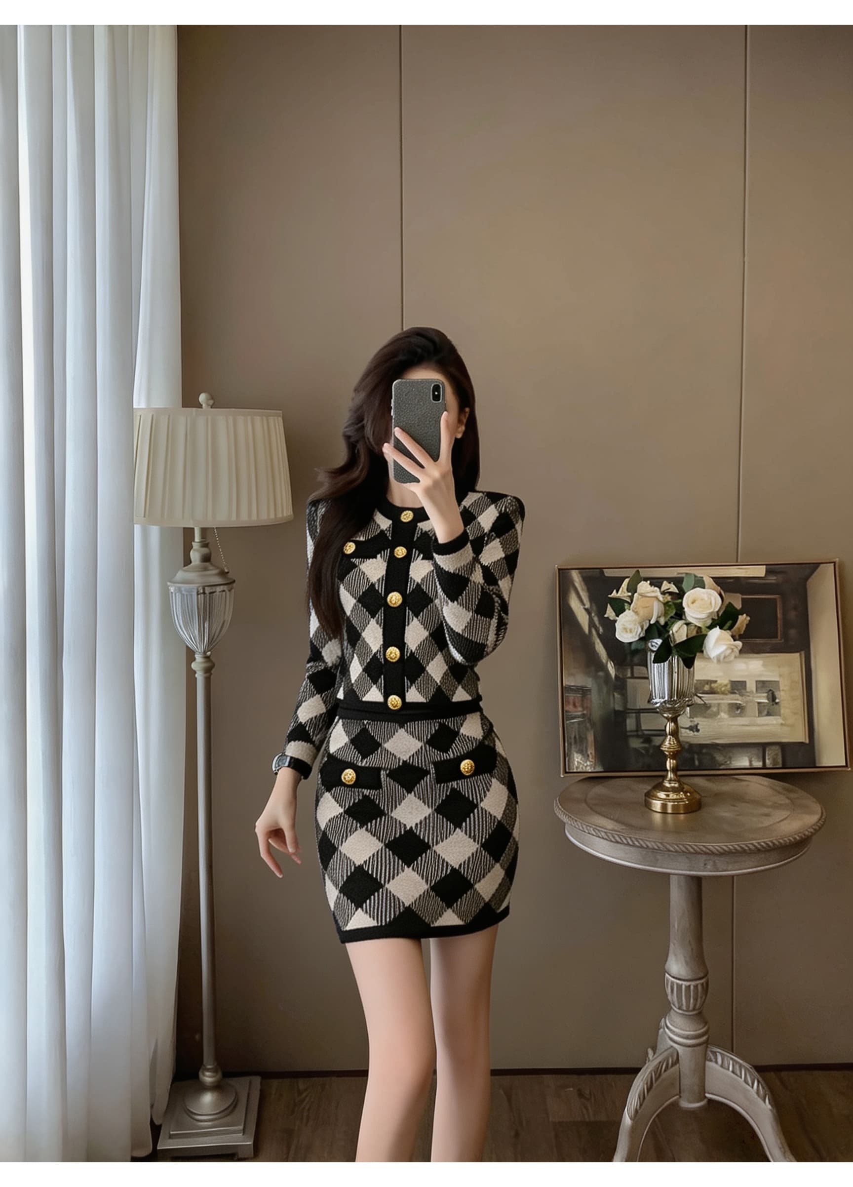 명문 여성 품격 트위드 체크무늬 세트 여성 라운드 넥 황금 테두리 테두리 싱글 줄 버튼 몸매 가꾸기 슬림해 보이는 짧은 외투 반 스커트 상세 이미지 7