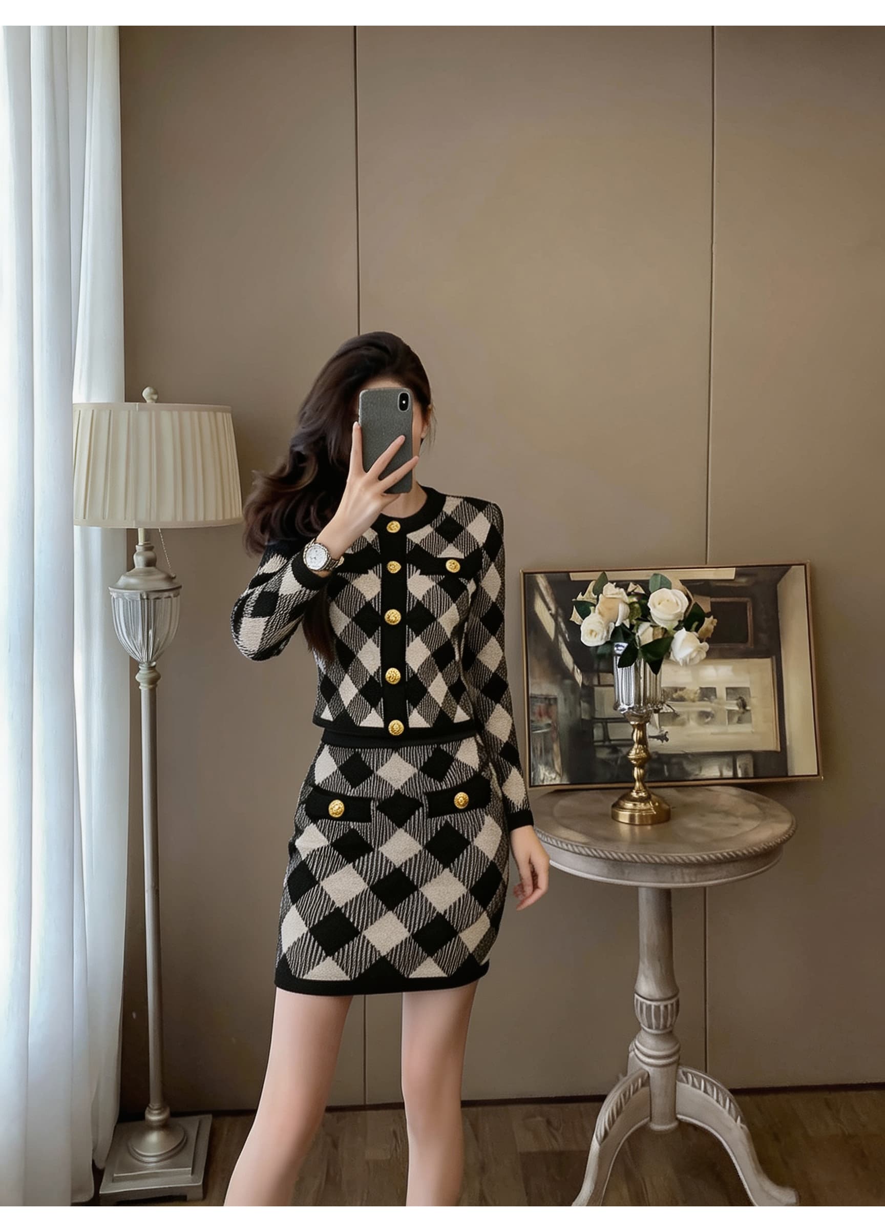 명문 여성 품격 트위드 체크무늬 세트 여성 라운드 넥 황금 테두리 테두리 싱글 줄 버튼 몸매 가꾸기 슬림해 보이는 짧은 외투 반 스커트 상세 이미지 8
