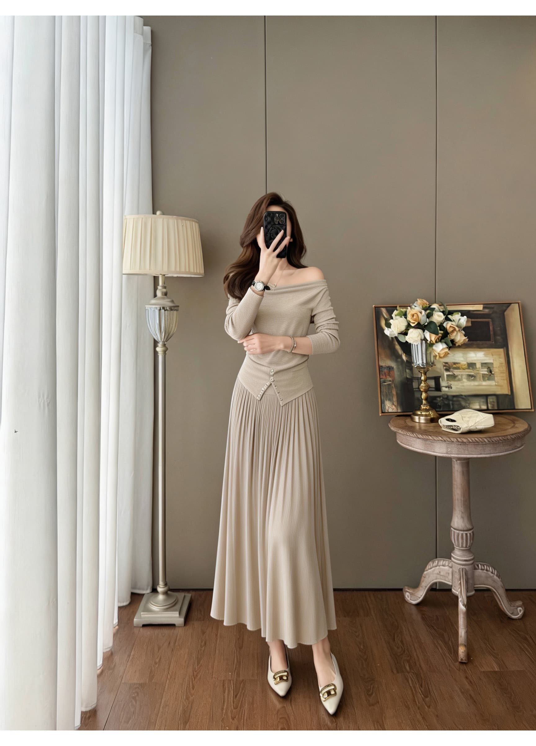 2026 순수한 욕망 바람 오프숄더 불규칙 단추 니트 맨위 허리밴드 큰 진자 우아한 바닥 청소 넓은 다리 치마 세트 상세 이미지 5