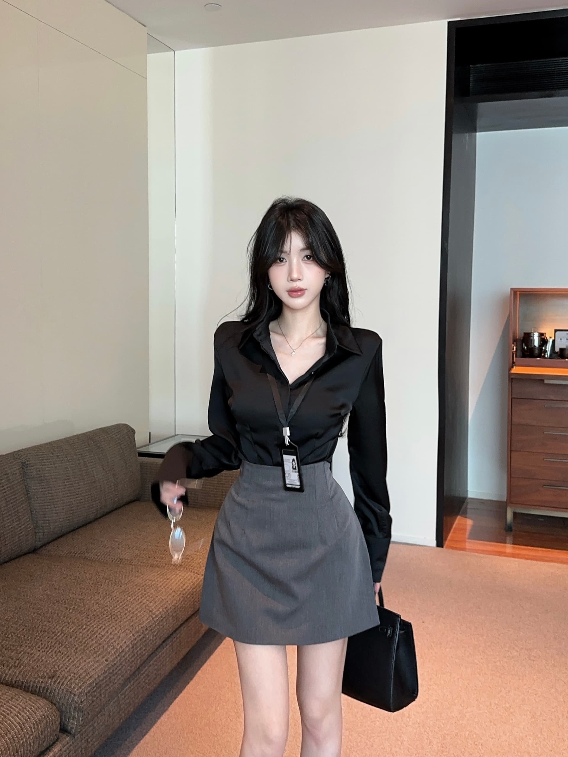 실사 세트 여성 검정색 품격 긴팔 셔츠 맨위 봄 착용 가져 가라. 타이트 스커트 반신 스커트 투피스 세트 상세 이미지 6