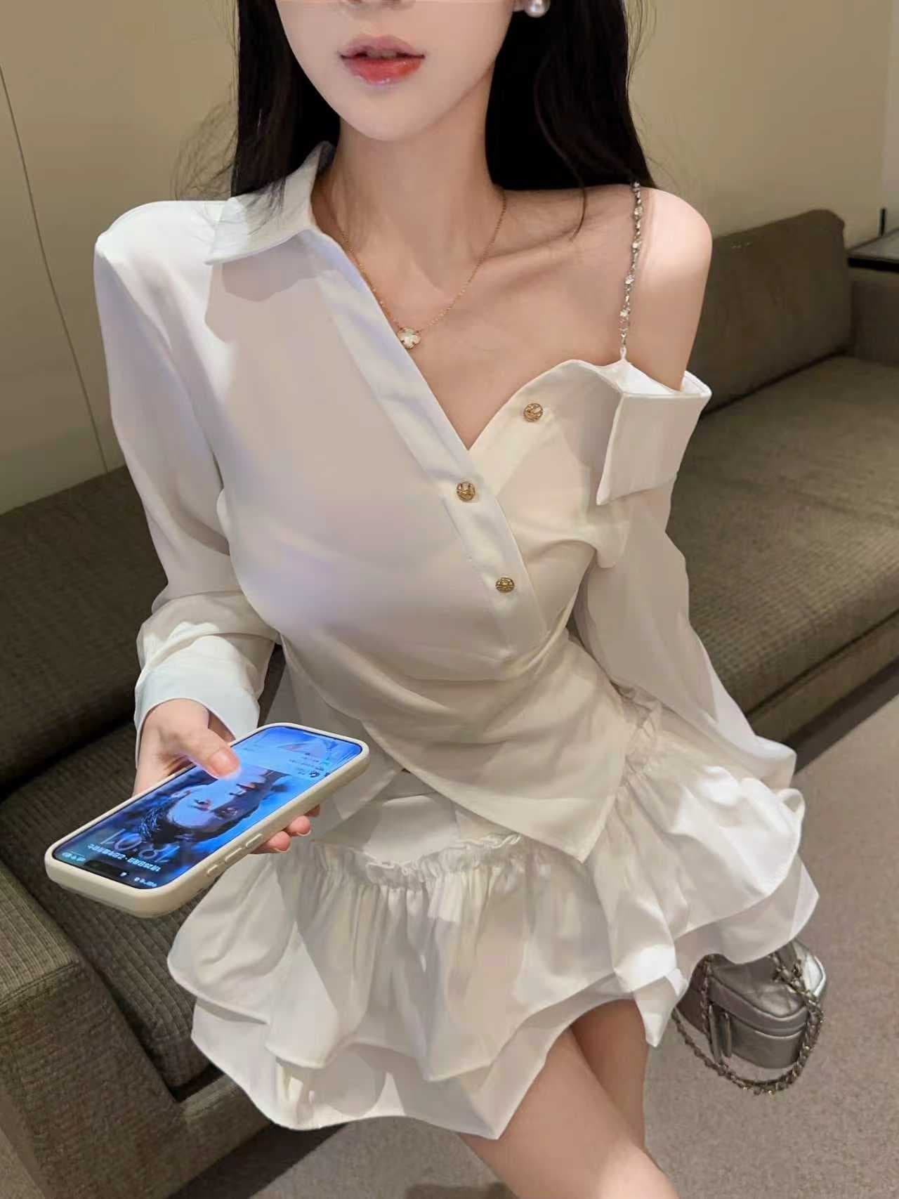 실사 순수한 욕망 명문 여성 비스듬한 어깨 긴팔 여성 셔츠 디자인 센스 불규칙 허리 수축 몸매 가꾸기 오프숄더 맨위 조기 가을 상세 이미지 6