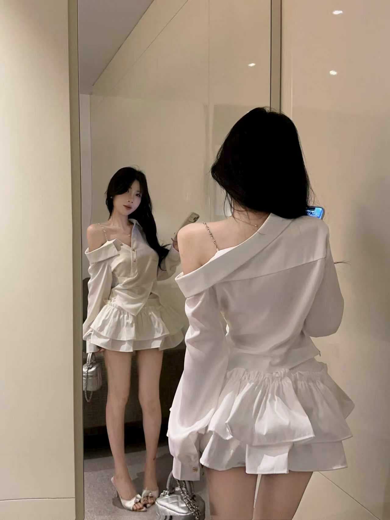 실사 순수한 욕망 명문 여성 비스듬한 어깨 긴팔 여성 셔츠 디자인 센스 불규칙 허리 수축 몸매 가꾸기 오프숄더 맨위 조기 가을 상세 이미지 7