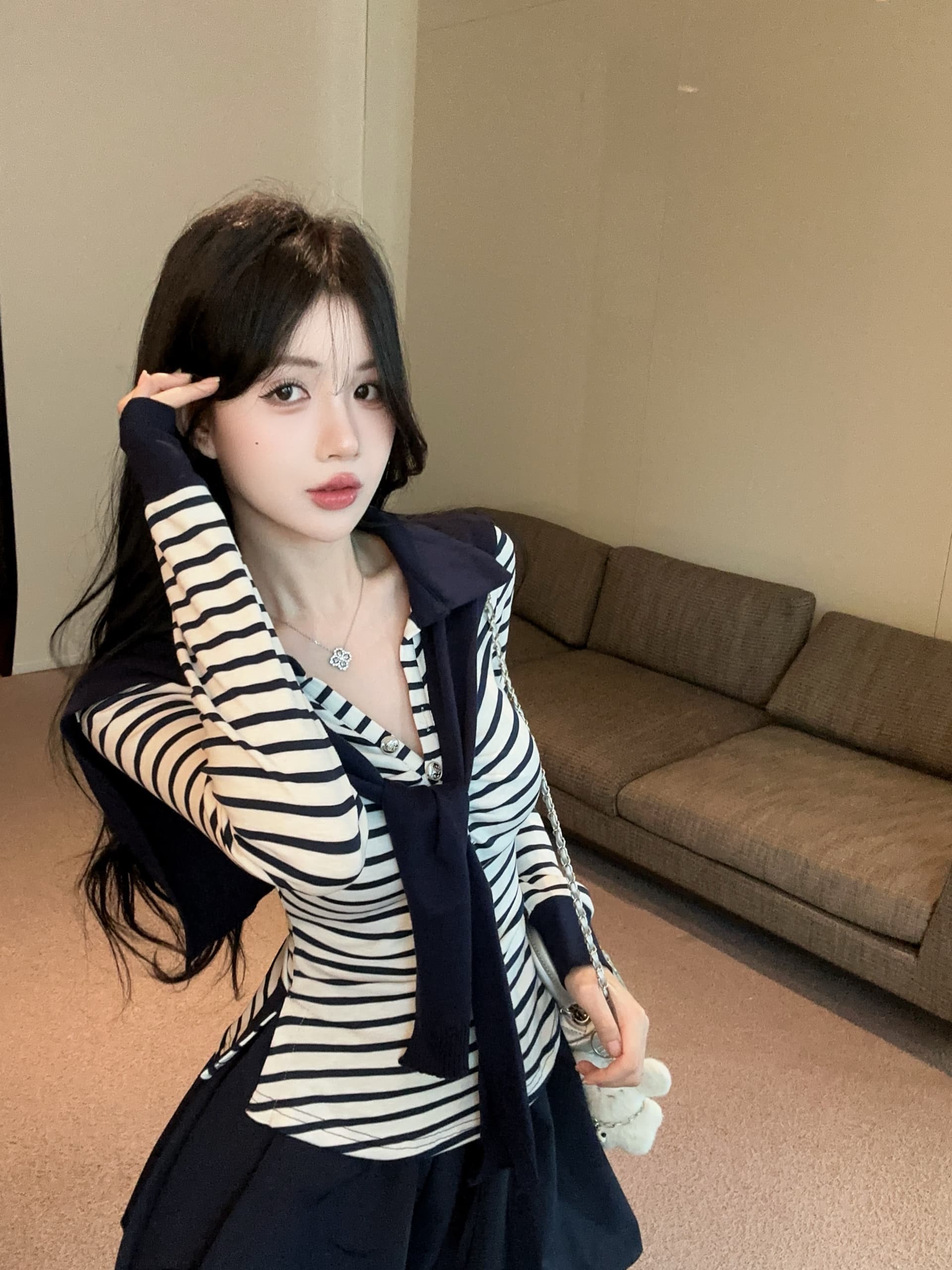 실사 POLO 칼라 스트라이프 맨위 숄 봄 가을 새로운 순수한 욕망 섹시함 꽃밭 치마 패션 세트 여성 상세 이미지 5