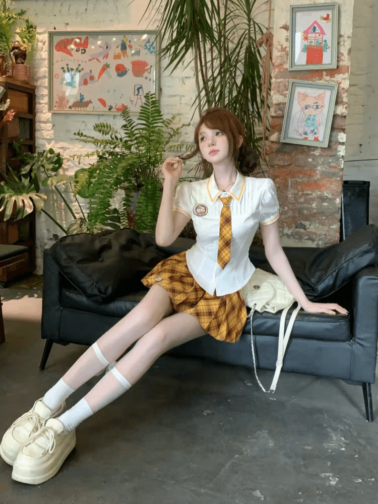 순수한 욕망 바람 달콤함 세트 여름 몸매 가꾸기 슬림해 보이는 학원 스타일 셔츠 맨위 체크무늬 반신 스커트 두 조각 여성 세트 상세 이미지 6