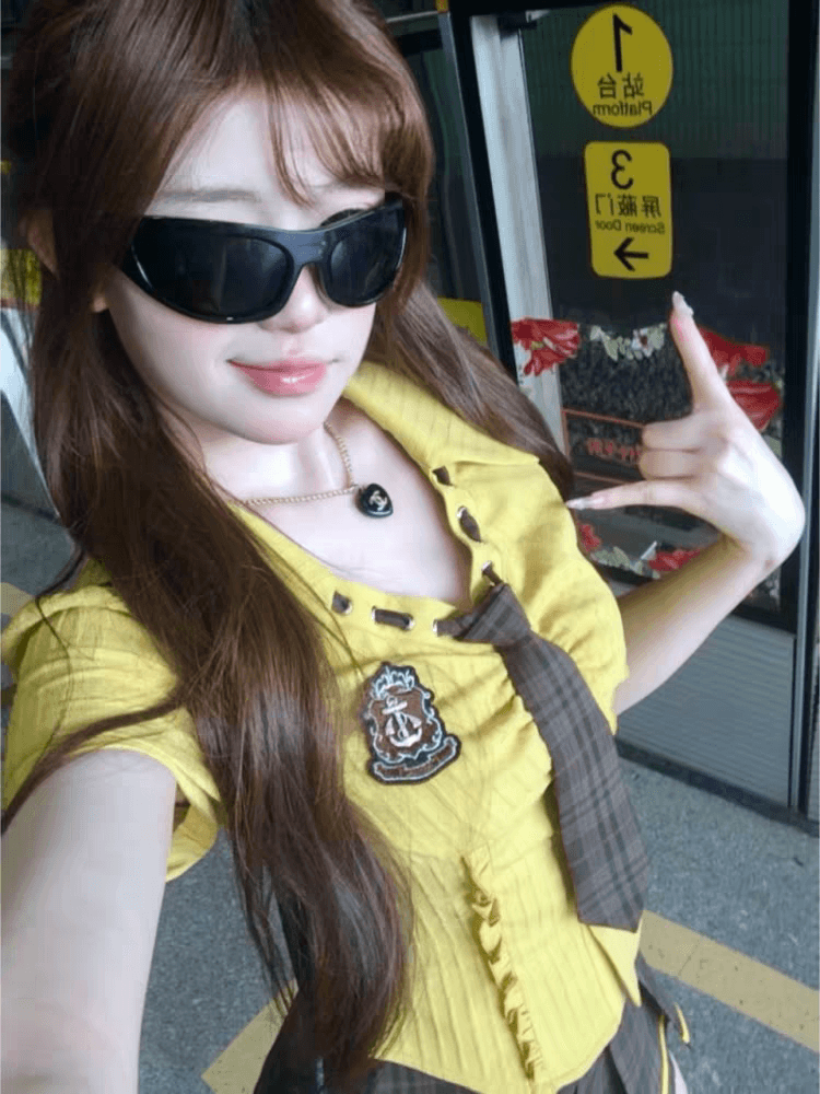 아메리칸 연인 여름 몸매 가꾸기 슬림해 보이는 학원 스타일 작은 대중 디자인 센스 셔츠 맨위 반신 미니 스커트 세트 여성 상세 이미지 9