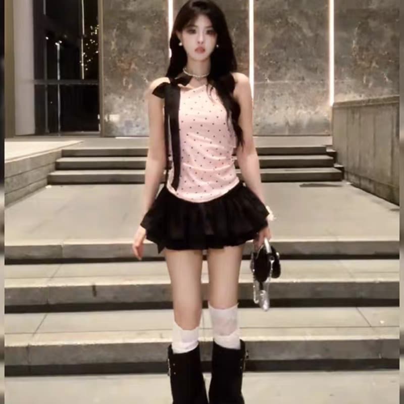 핫걸 순수한 욕망 바람 세트 여성 도트 무늬 스트랩 비스듬한 어깨 조끼 퍼프 미니 스커트 투피스 세트 2026 여름 디자인 센스 이미지 5