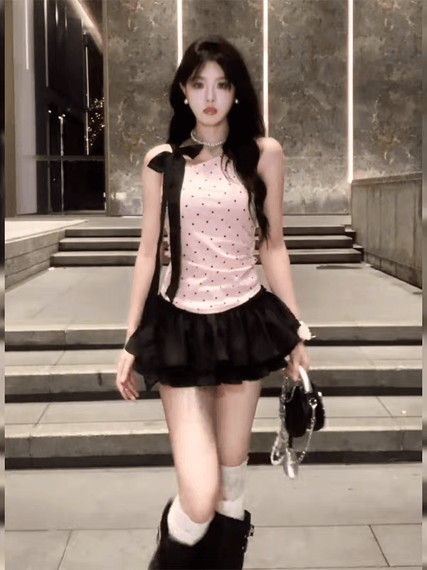 핫걸 순수한 욕망 바람 세트 여성 도트 무늬 스트랩 비스듬한 어깨 조끼 퍼프 미니 스커트 투피스 세트 2026 여름 디자인 센스 상세 이미지 2