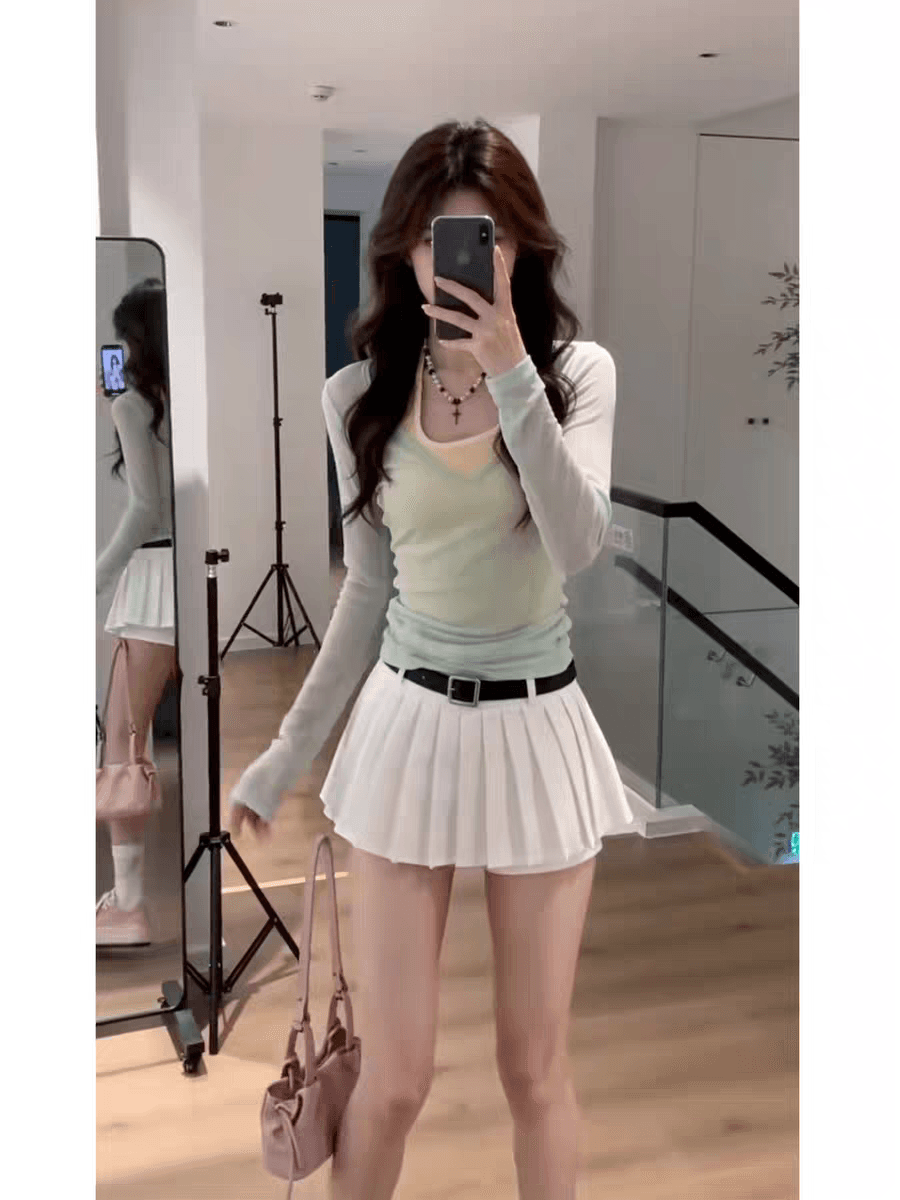 초여름 고유 한 아름다운 아름다운 작은 치마 고급 센스 이른 봄 도파민 착용 가져 가라. 소금 부서 빛 요리 한 두 조각 세트 드레스