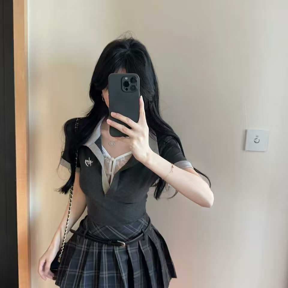 실사 페이크 레이어드 POLO 칼라 긍정적 인 어깨 반팔 티셔츠 여성 여름 2026 새로운 아메리칸 허리 수축 슬림해 보이는 핫걸 세트 이미지 5