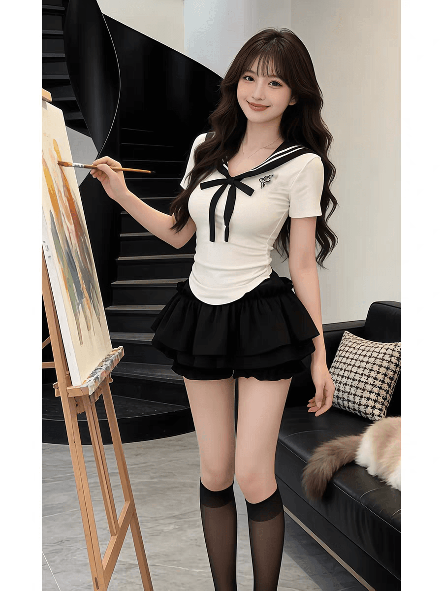 학원 스타일 세트 품격 자이언트 잘 생긴 화이트 해군 칼라 맨위 퍼프 치마바지 투피스 세트 2026 여름 새로운 상세 이미지 3