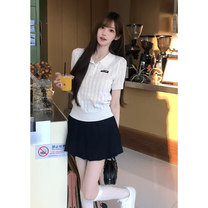 한 부서 화이트 자수 반팔 니트 스웨터 여성 여름 작은 키 하이웨이스트 슬림해 보이는 플리츠 반신 스커트 투피스 슈트 이미지 2