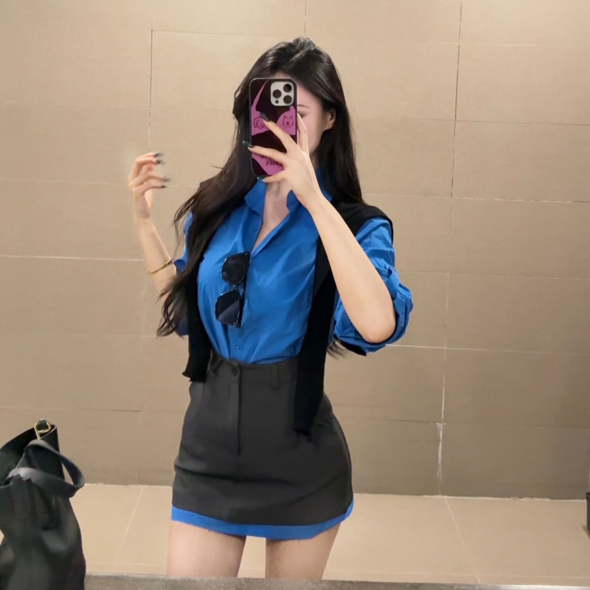 한 부서 파란색 셔츠 정장 반 스커트 두 조각 여성 세트 고급 센스 세련된 연령 감소 자이언트 잘 생긴 세트 상세 이미지 6