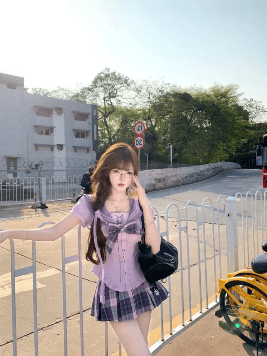 학원 스타일 해군 칼라 나비 매듭 셔츠 맨위 플리츠 반신 미니 스커트 jk 세트 여성 이미지 3