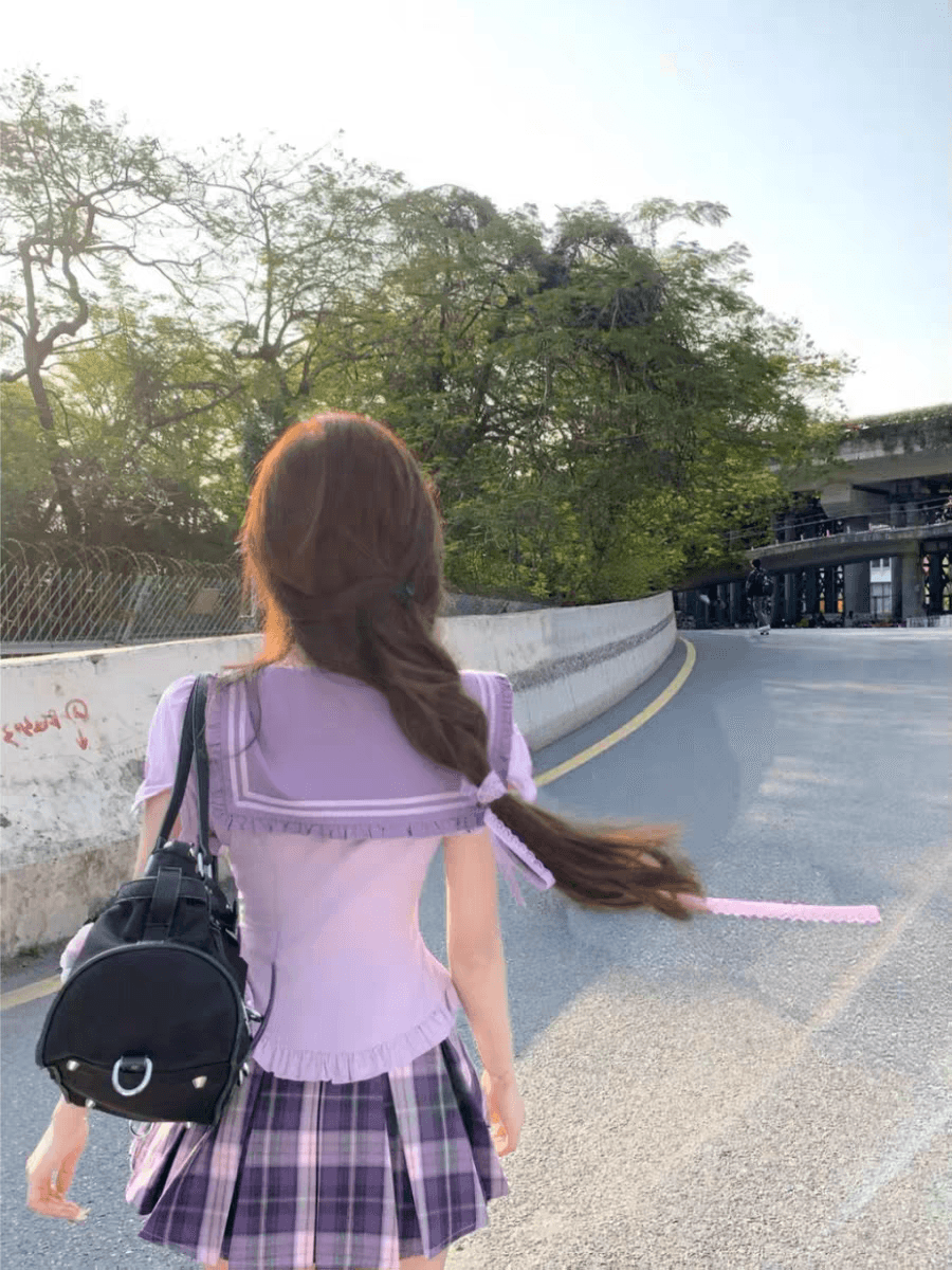 학원 스타일 해군 칼라 나비 매듭 셔츠 맨위 플리츠 반신 미니 스커트 jk 세트 여성 상세 이미지 3