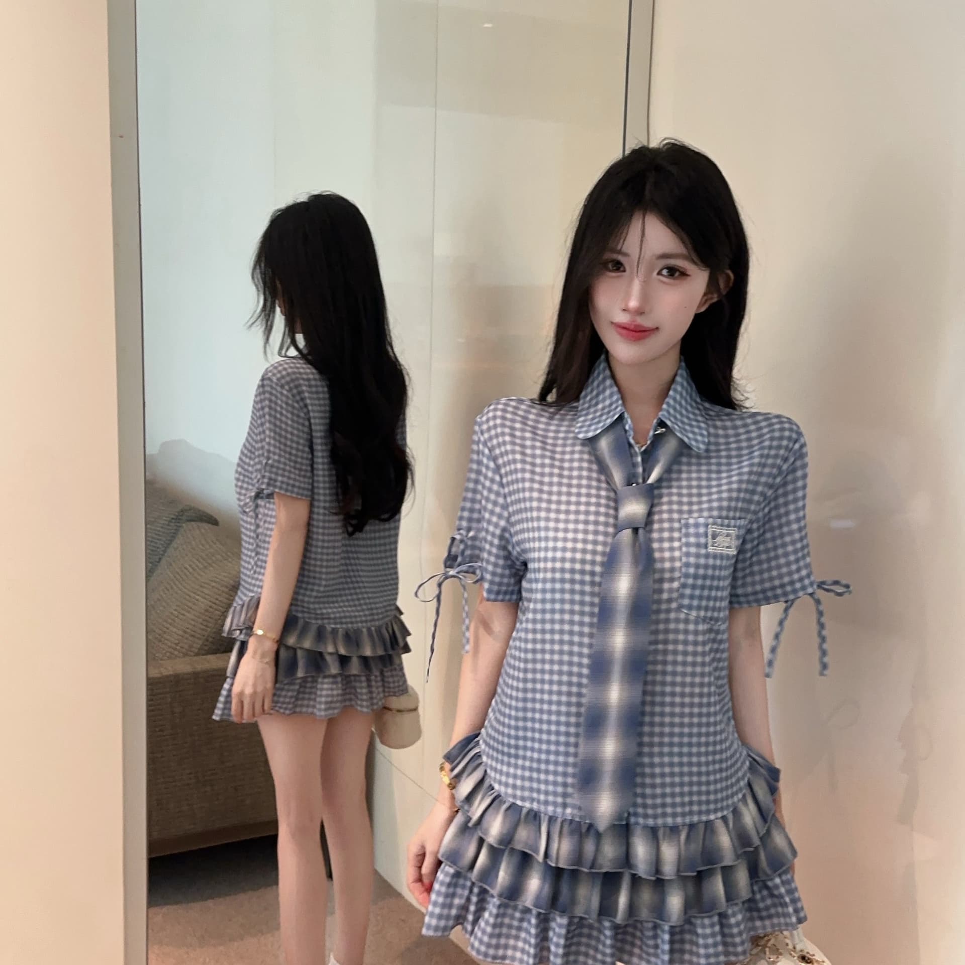 실사 학원 스타일 디자인 센스 레이스 밑단 체크무늬 넥타이 베이비 칼라 파란색 체크무늬 반팔 여성 셔츠 이미지 4