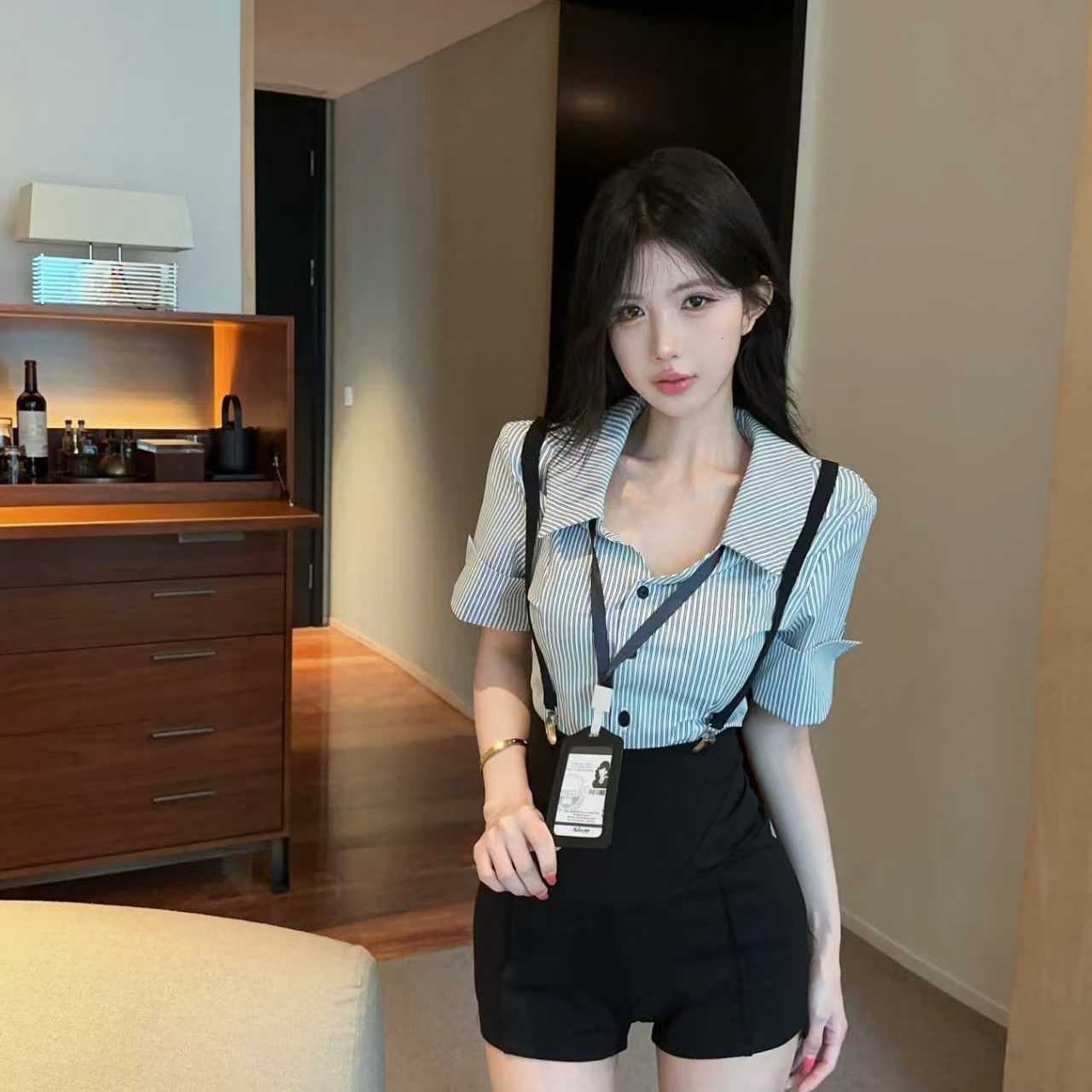실사 여름 학원 스타일 세트 여성 슬림해 보이는 허리 수축 스트라이프 셔츠 핫걸 멜빵 반바지 투피스 세트 이미지 5
