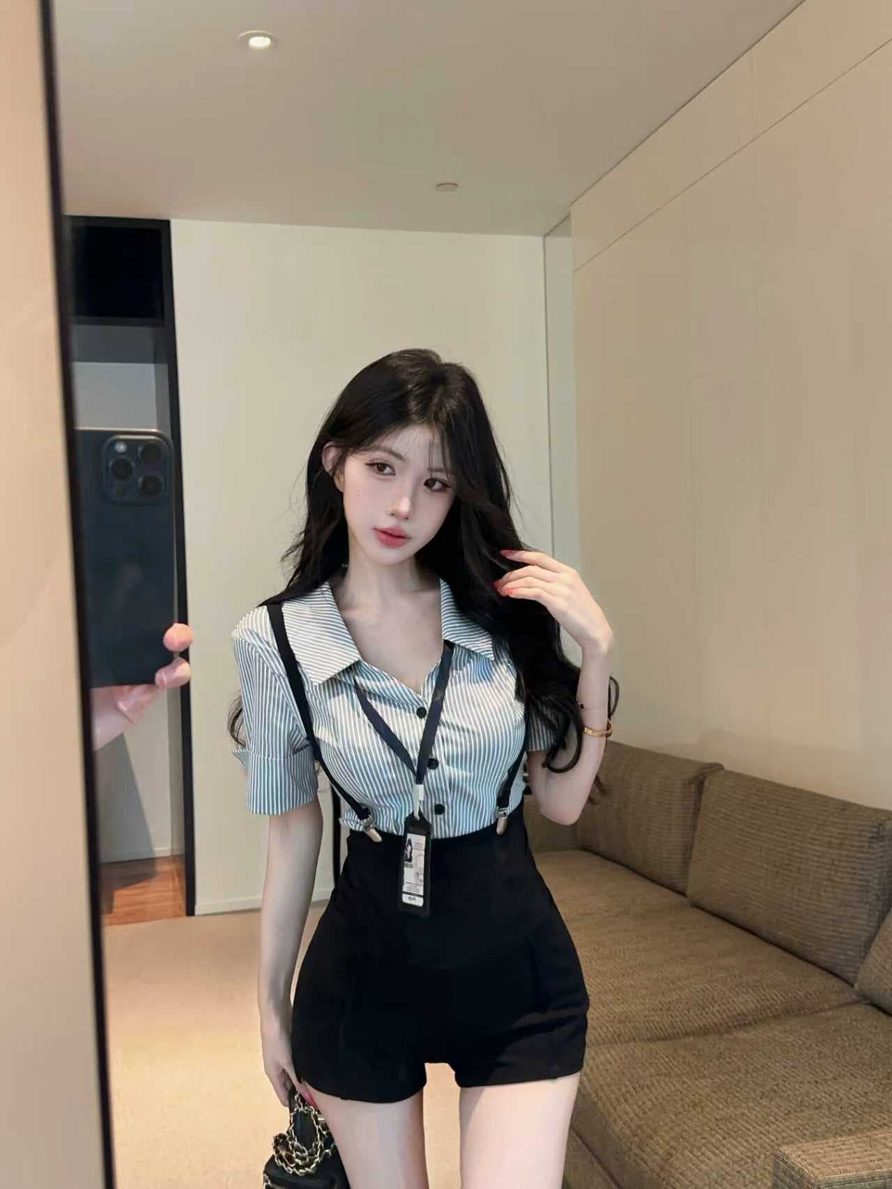 실사 여름 학원 스타일 세트 여성 슬림해 보이는 허리 수축 스트라이프 셔츠 핫걸 멜빵 반바지 투피스 세트 상세 이미지 1
