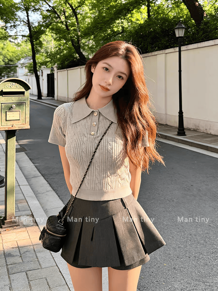 프랑스식 점프 슈트 치마 여름 ootd 착용 가져 가라. 한 부서 전체 집합 POLO 셔츠 맨위 플리츠 스커트 학원 스타일 세트 이미지 4