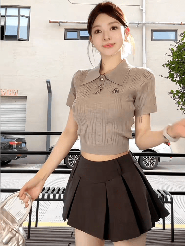 프랑스식 점프 슈트 치마 여름 ootd 착용 가져 가라. 한 부서 전체 집합 POLO 셔츠 맨위 플리츠 스커트 학원 스타일 세트