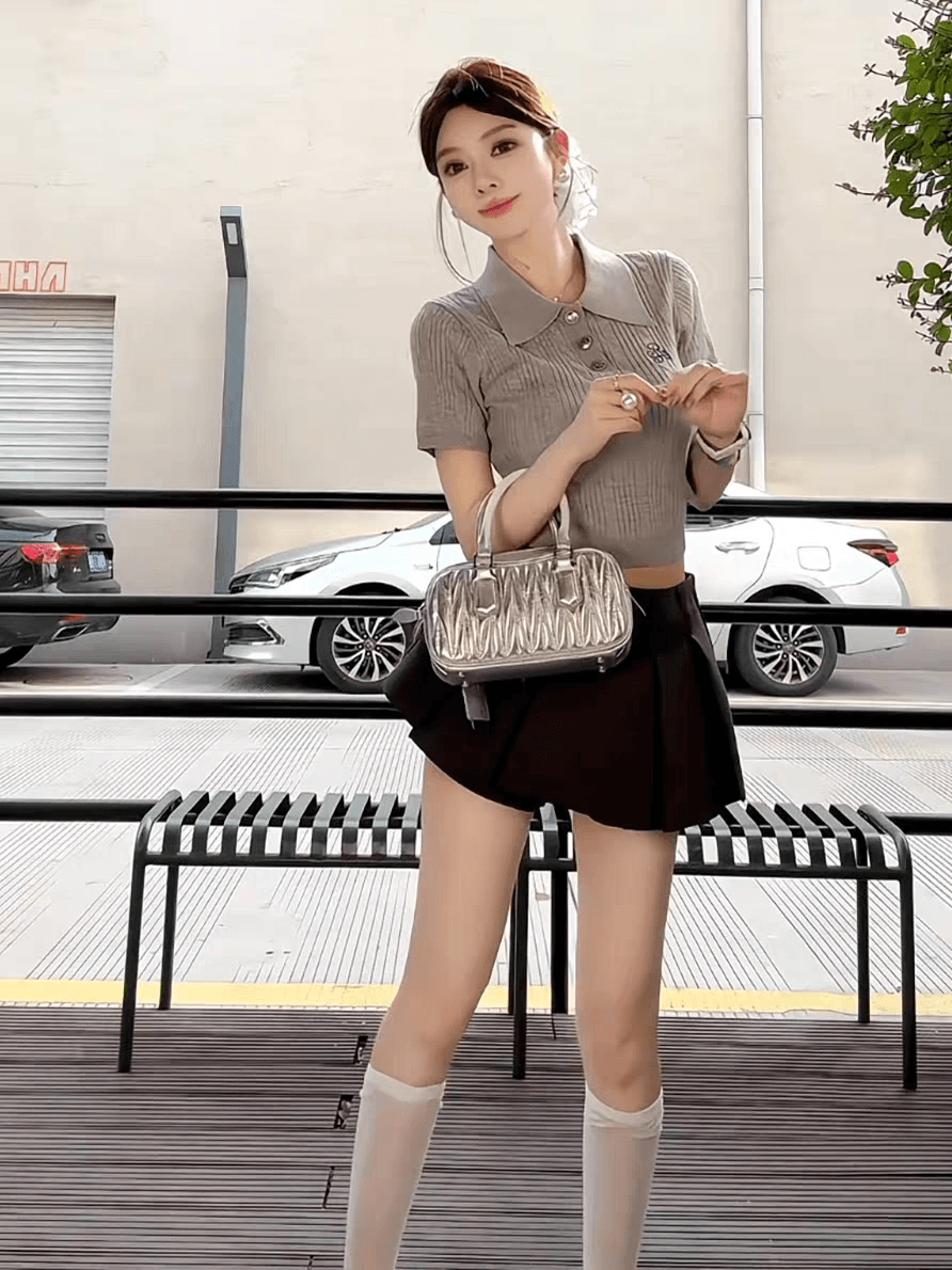 프랑스식 점프 슈트 치마 여름 ootd 착용 가져 가라. 한 부서 전체 집합 POLO 셔츠 맨위 플리츠 스커트 학원 스타일 세트 상세 이미지 2
