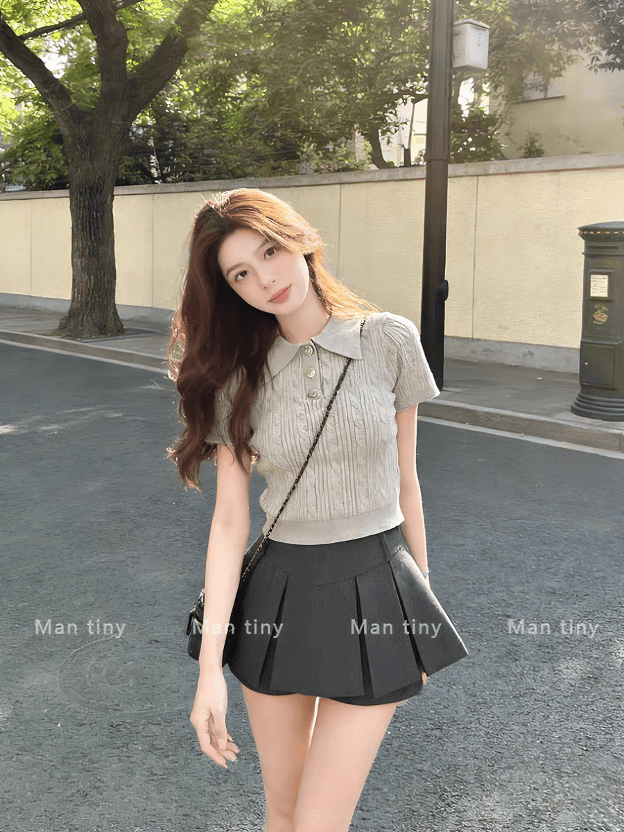 프랑스식 점프 슈트 치마 여름 ootd 착용 가져 가라. 한 부서 전체 집합 POLO 셔츠 맨위 플리츠 스커트 학원 스타일 세트 상세 이미지 5