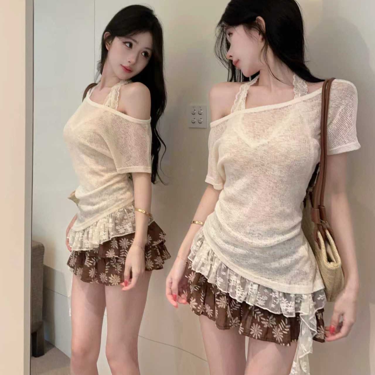 실사 순수한 욕망 바람 섹시한 아름다움 뒤로 행침 목 조끼 여성 오프숄더 반팔 티셔츠 비스듬한 어깨 의류 세 조각 세트 이미지 5