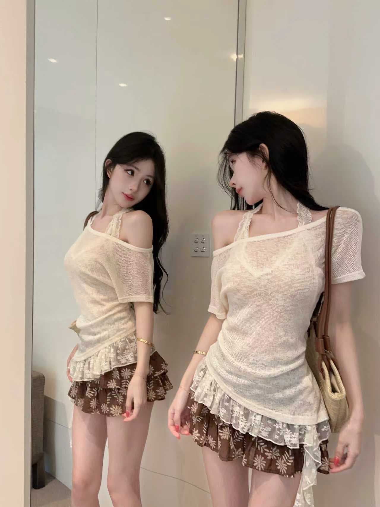 실사 순수한 욕망 바람 섹시한 아름다움 뒤로 행침 목 조끼 여성 오프숄더 반팔 티셔츠 비스듬한 어깨 의류 세 조각 세트 상세 이미지 2