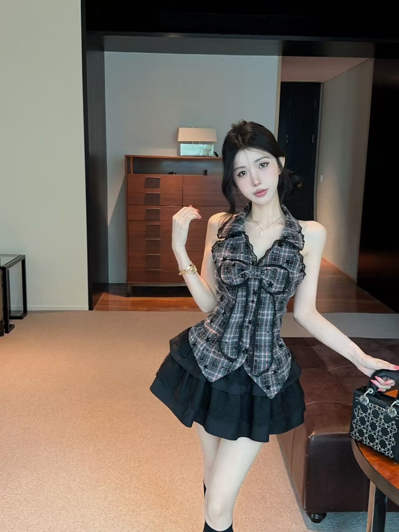 실사 아메리칸 핫걸 세트 배색 조끼 나비 매듭 체크무늬 허리 수축 맨위 퍼프 케이크 드레스 투피스 세트 상세 이미지 9