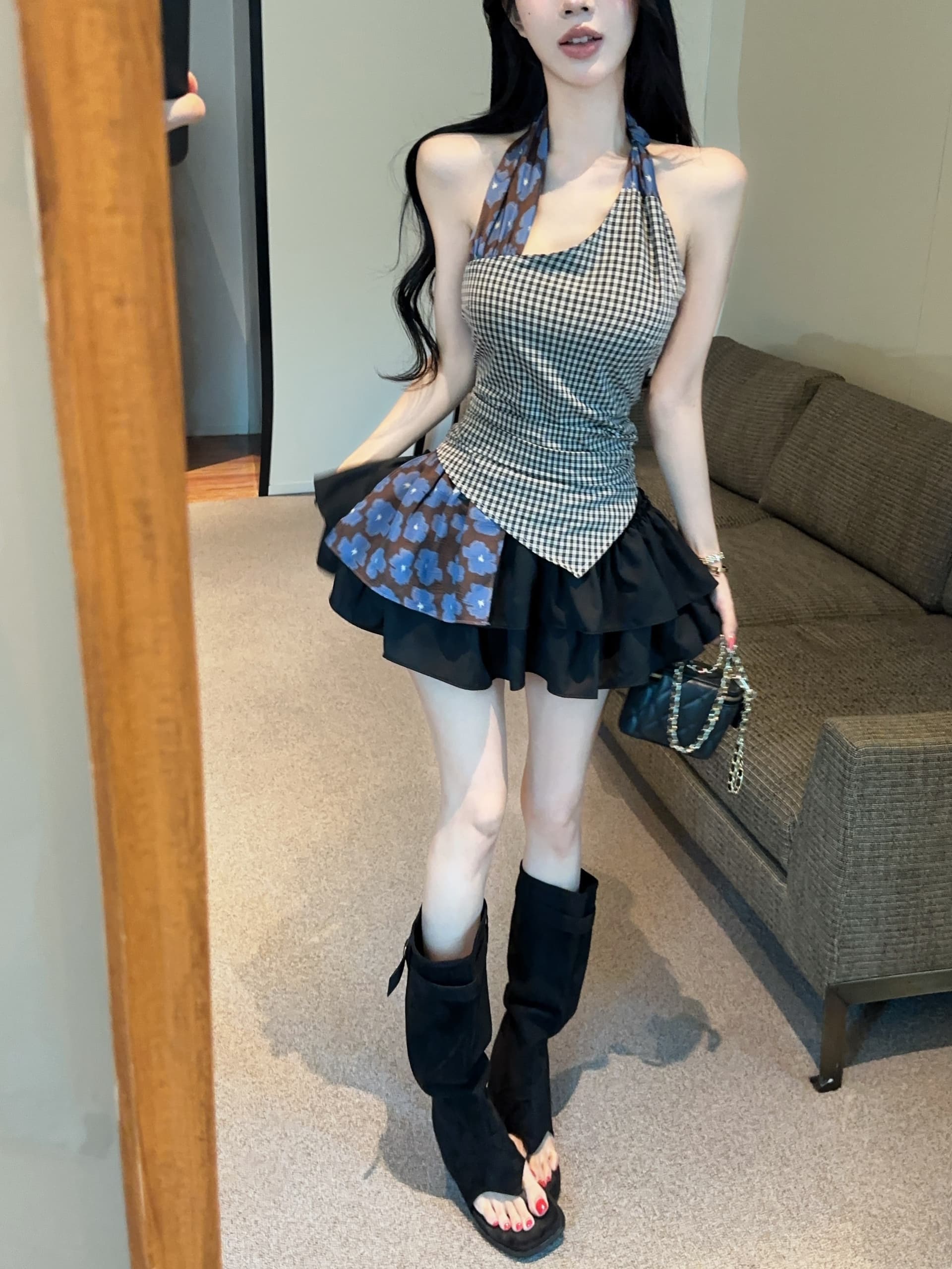 실사 불규칙 체크무늬 비스듬한 어깨 캐미솔 여름 핫걸 바람 몸매 가꾸기 행침 목 맨위 코디 치마 세트 상세 이미지 4