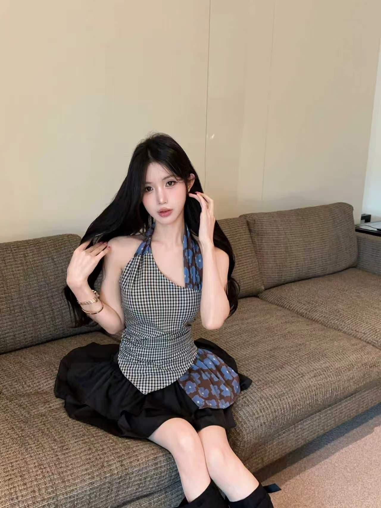 실사 불규칙 체크무늬 비스듬한 어깨 캐미솔 여름 핫걸 바람 몸매 가꾸기 행침 목 맨위 코디 치마 세트 상세 이미지 5