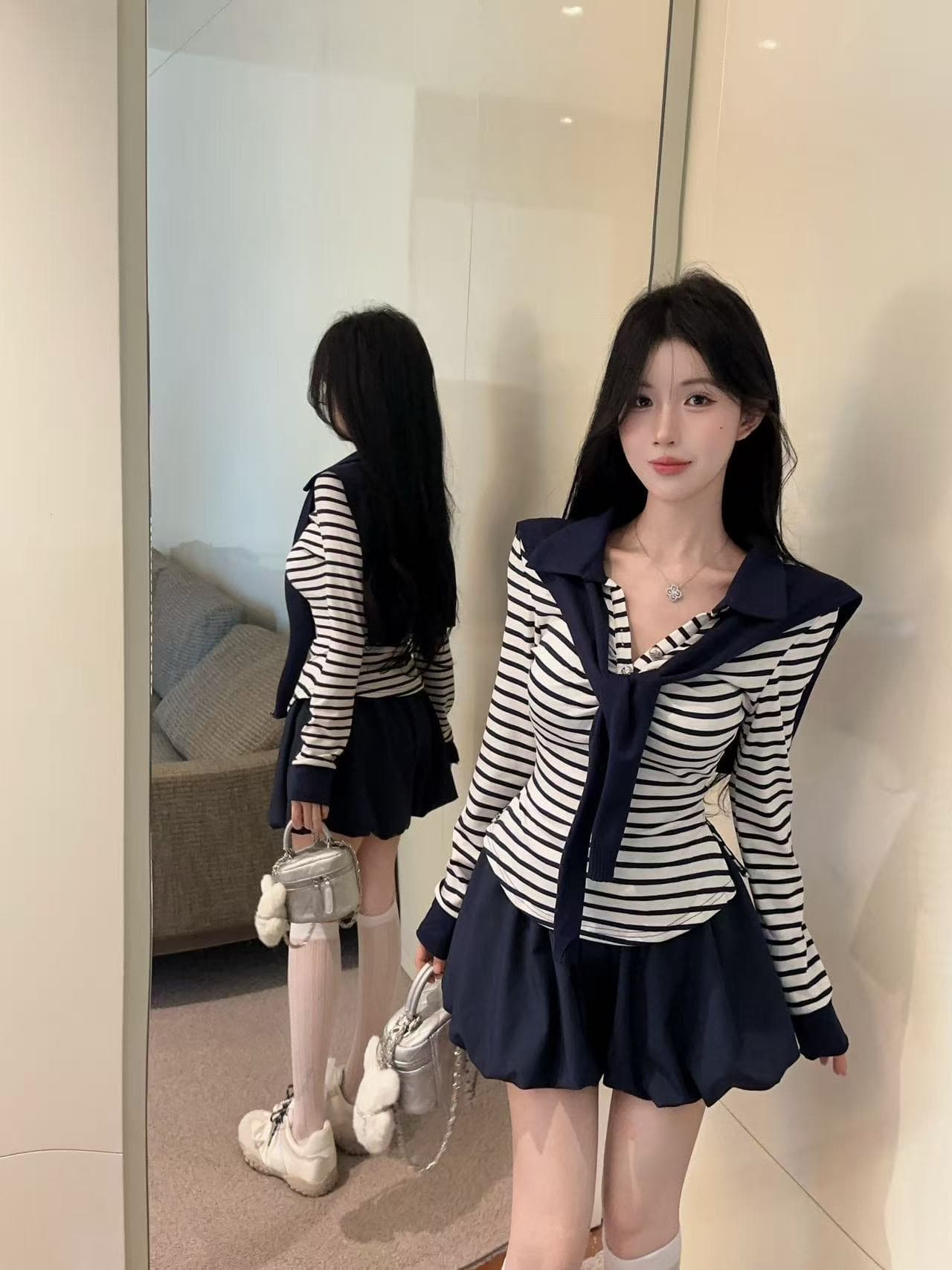 실사 한 부서 학원 스타일 스트라이프 해군 칼라 반팔 티셔츠 여성 여름 하이웨이스트 꽃밭 짧은 치마바지 패션 세트 상세 이미지 2