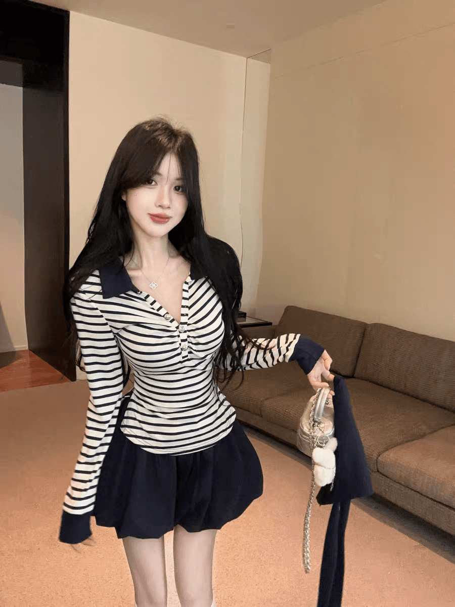 실사 한 부서 학원 스타일 스트라이프 해군 칼라 반팔 티셔츠 여성 여름 하이웨이스트 꽃밭 짧은 치마바지 패션 세트 상세 이미지 4