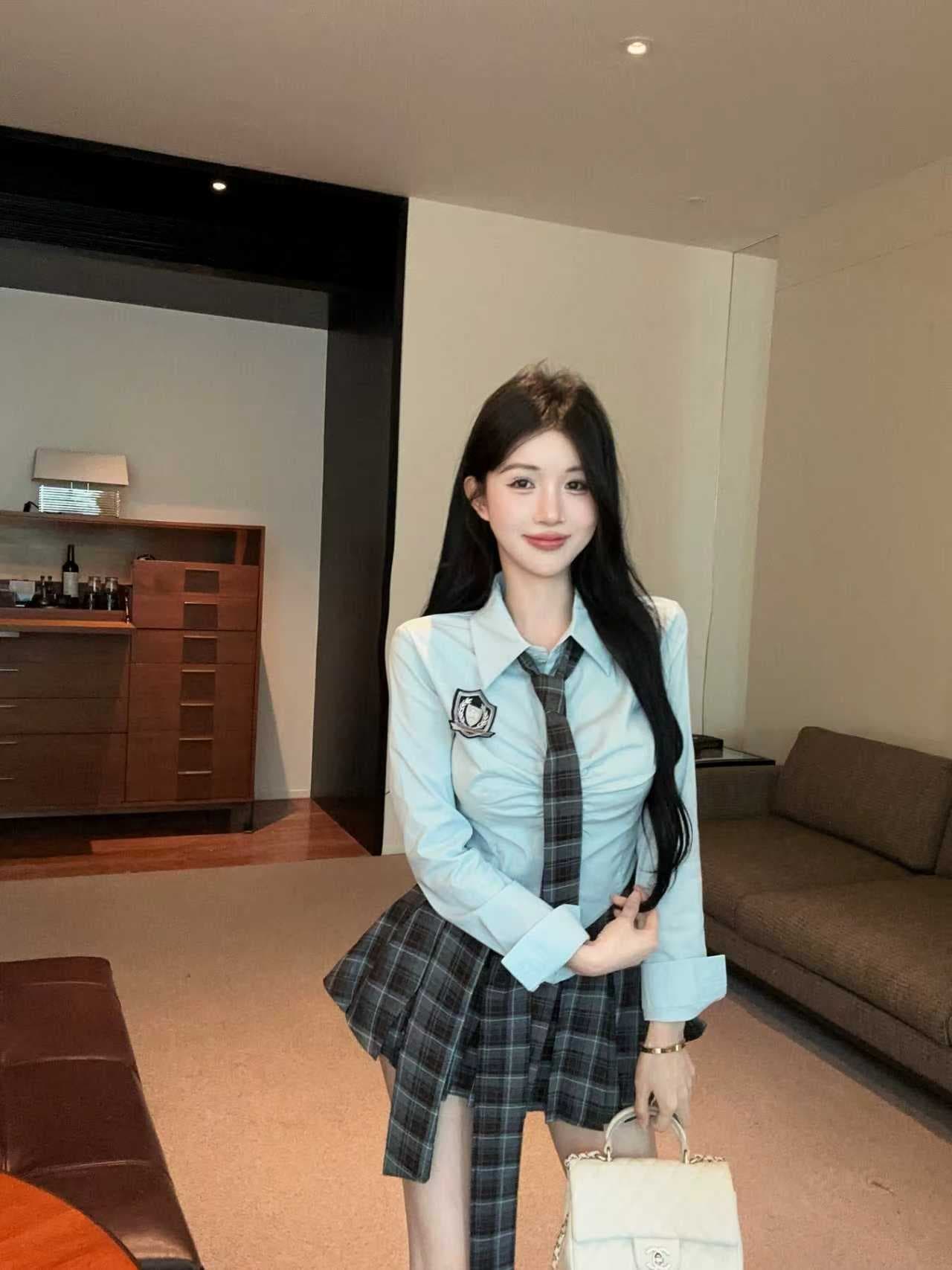 실사 새로운 한 부서 디자인 센스 넥타이 긴팔 셔츠 여성 짧은 허리 수축 슬림해 보이는 품격 일 셔츠 세트 상세 이미지 1