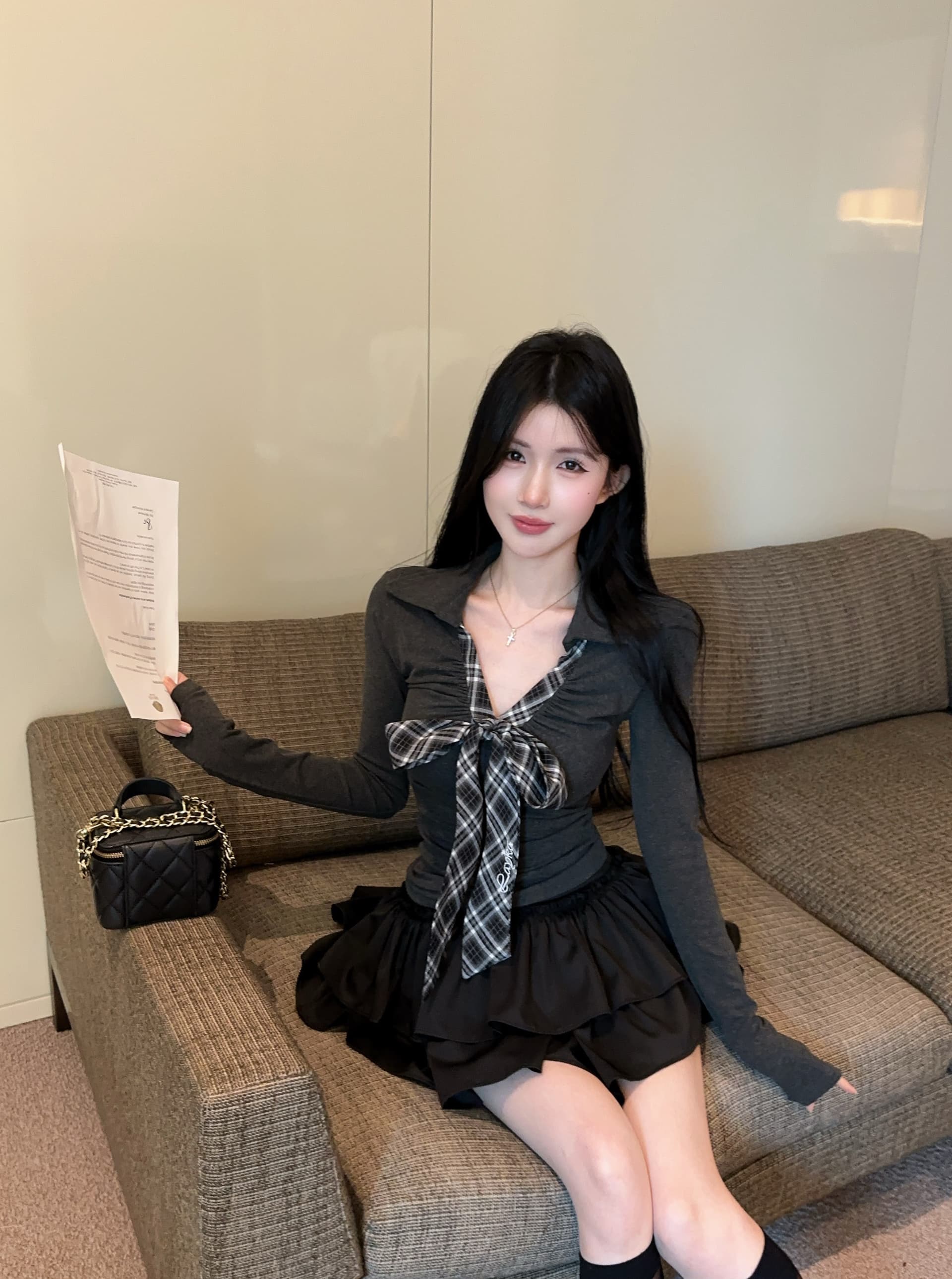 실사 한 부서 달콤함 체크무늬 나비 매듭 스트랩 긴팔 티셔츠 여성 가을 새로운 chic 주름 허리 수축 세트 상세 이미지 1