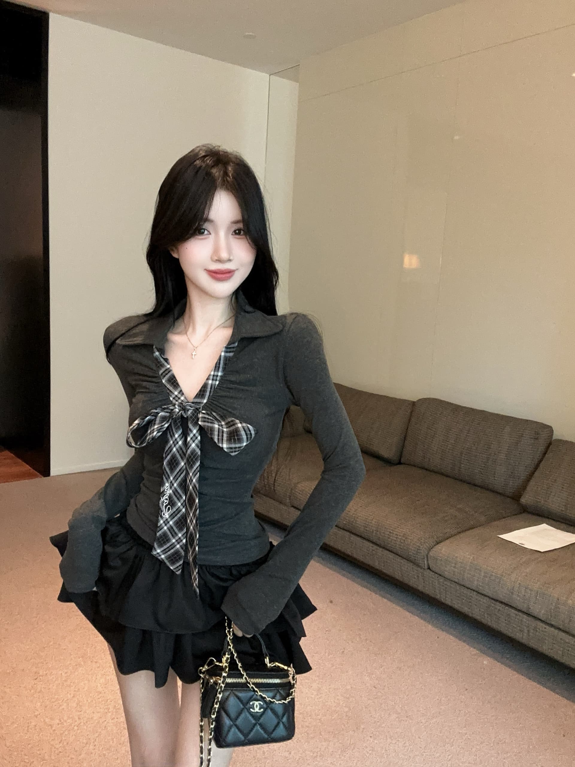실사 한 부서 달콤함 체크무늬 나비 매듭 스트랩 긴팔 티셔츠 여성 가을 새로운 chic 주름 허리 수축 세트 상세 이미지 3