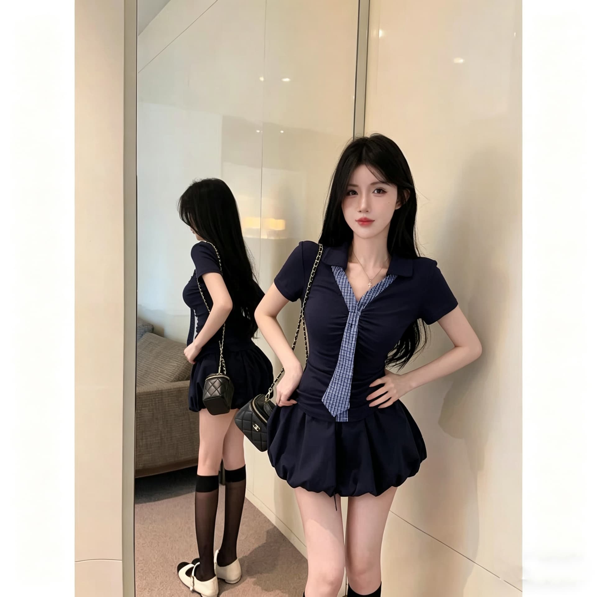 실사 순수한 욕망 핫걸 체크무늬 칼라 긴팔 티셔츠 여성 가을 섹시함 허리 수축 맨위 바람 퍼프 미니 스커트 투피스 세트 이미지 4