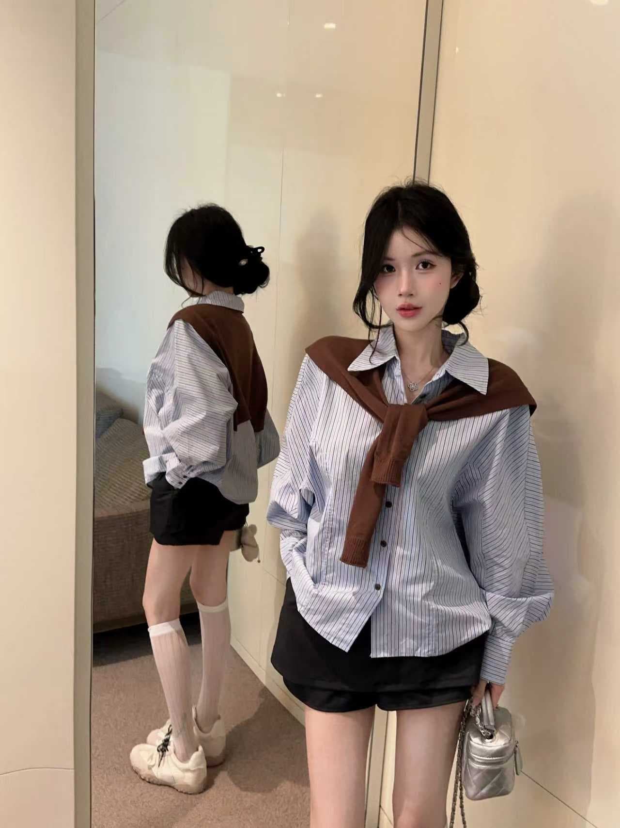 실사 학원 스타일 스트라이프 레트로 숄 긴팔 셔츠 가을 새로운 루즈핏 캐주얼 품격 짧은 치마바지 3종 세트 이미지 2