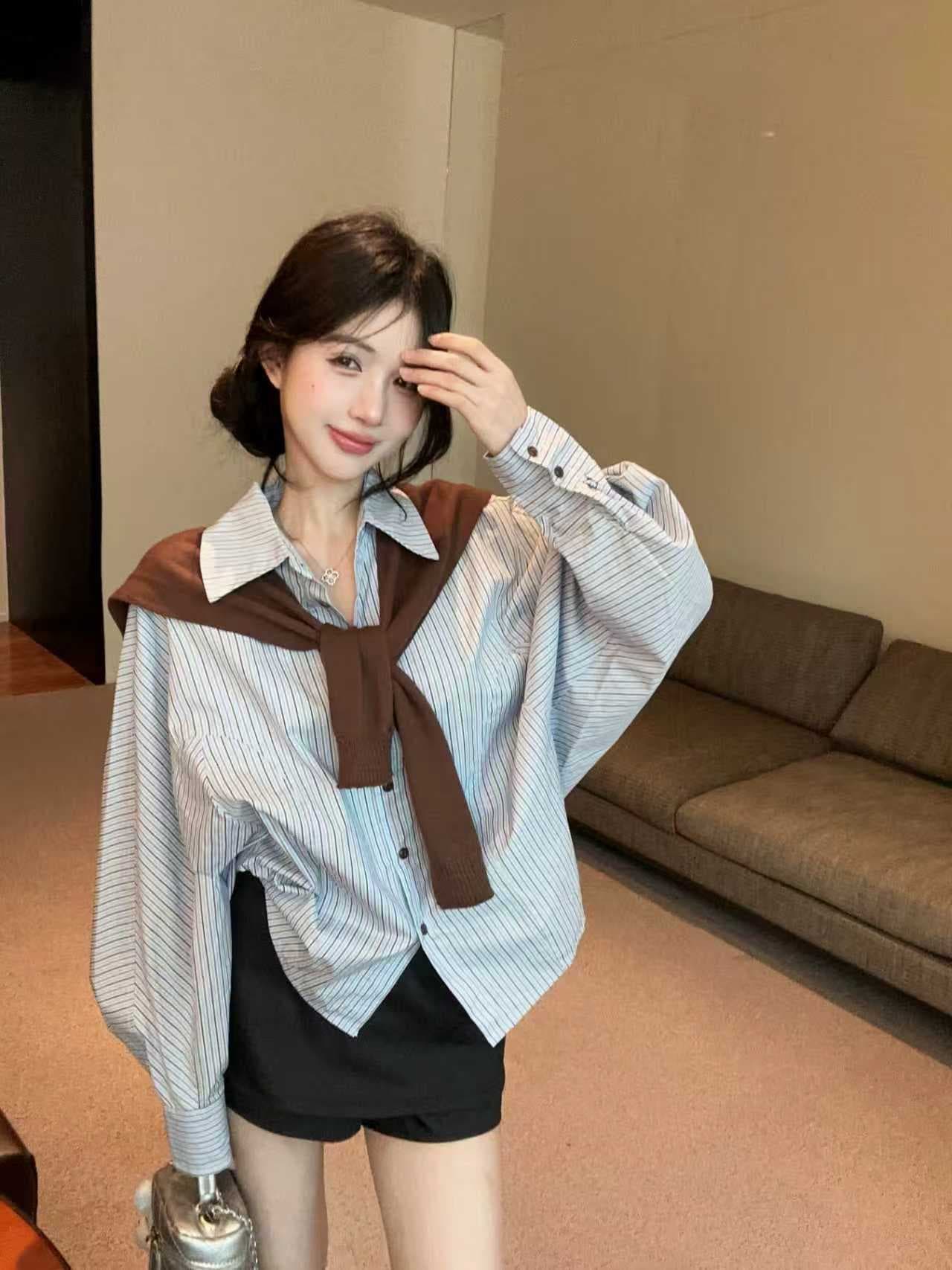 실사 학원 스타일 스트라이프 레트로 숄 긴팔 셔츠 가을 새로운 루즈핏 캐주얼 품격 짧은 치마바지 3종 세트 이미지 3