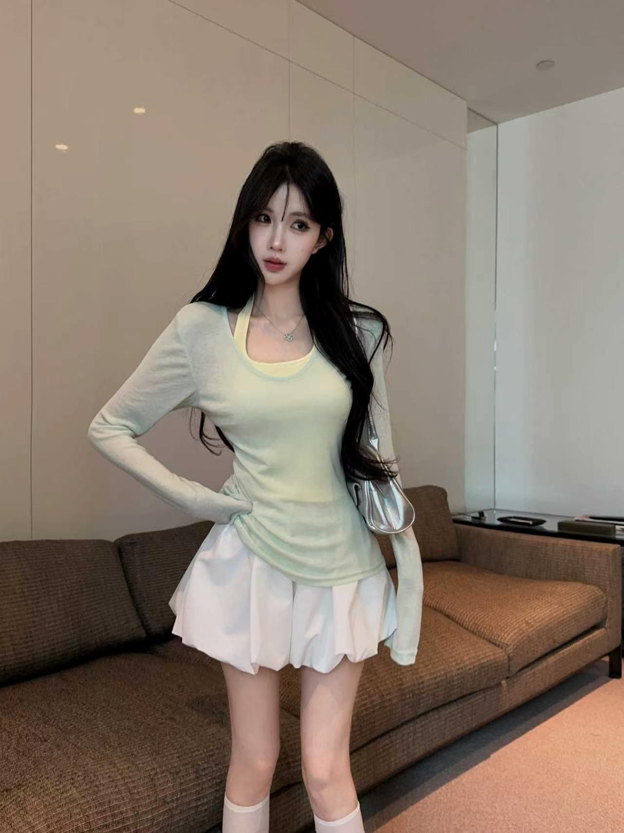 실사 녹색 투피스 세트 조끼 블라우스 긴팔 티셔츠 여자 착용 가져 가라. 도파민 순수한 욕망 핫걸 세트 상세 이미지 2