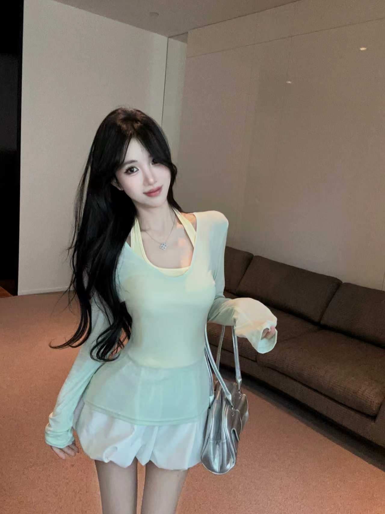 실사 녹색 투피스 세트 조끼 블라우스 긴팔 티셔츠 여자 착용 가져 가라. 도파민 순수한 욕망 핫걸 세트 상세 이미지 4