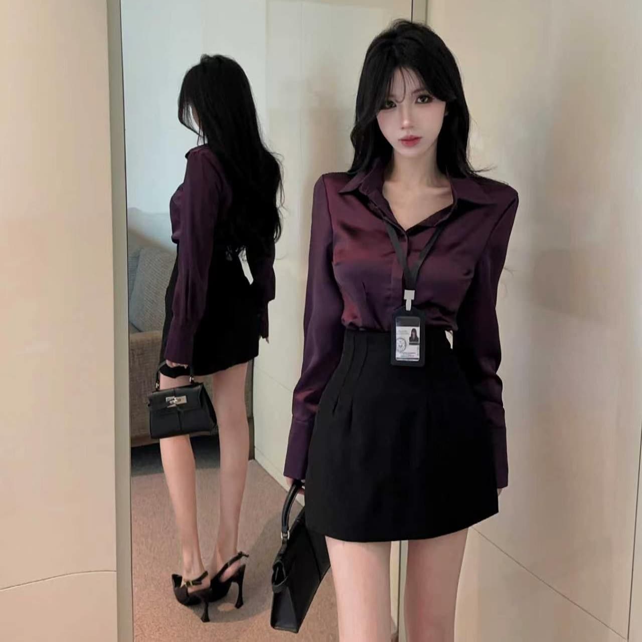 실사 품격 세트 순수한 욕망 바람 POLO 칼라 보라색 새틴 셔츠 순수한 욕망 하이웨이스트 타이트 스커트 미니 스커트 세트 이미지 5