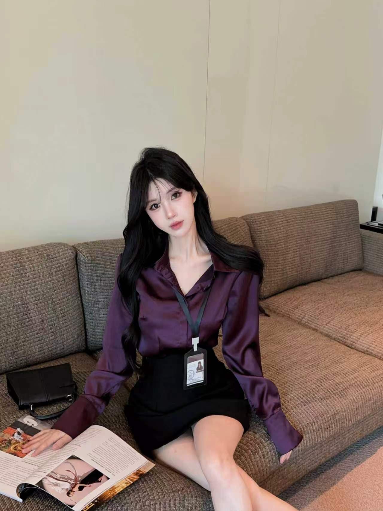 실사 품격 세트 순수한 욕망 바람 POLO 칼라 보라색 새틴 셔츠 순수한 욕망 하이웨이스트 타이트 스커트 미니 스커트 세트 상세 이미지 1