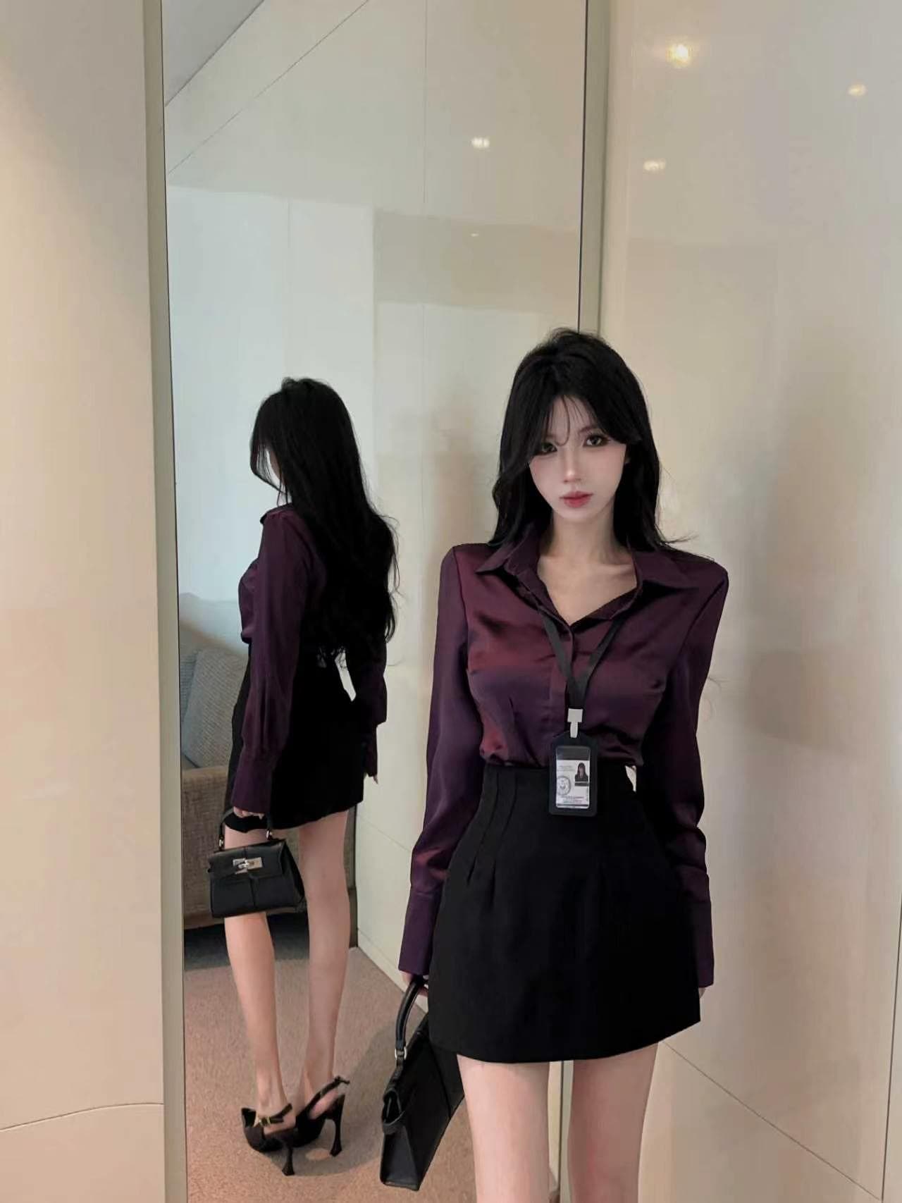 실사 품격 세트 순수한 욕망 바람 POLO 칼라 보라색 새틴 셔츠 순수한 욕망 하이웨이스트 타이트 스커트 미니 스커트 세트 상세 이미지 6