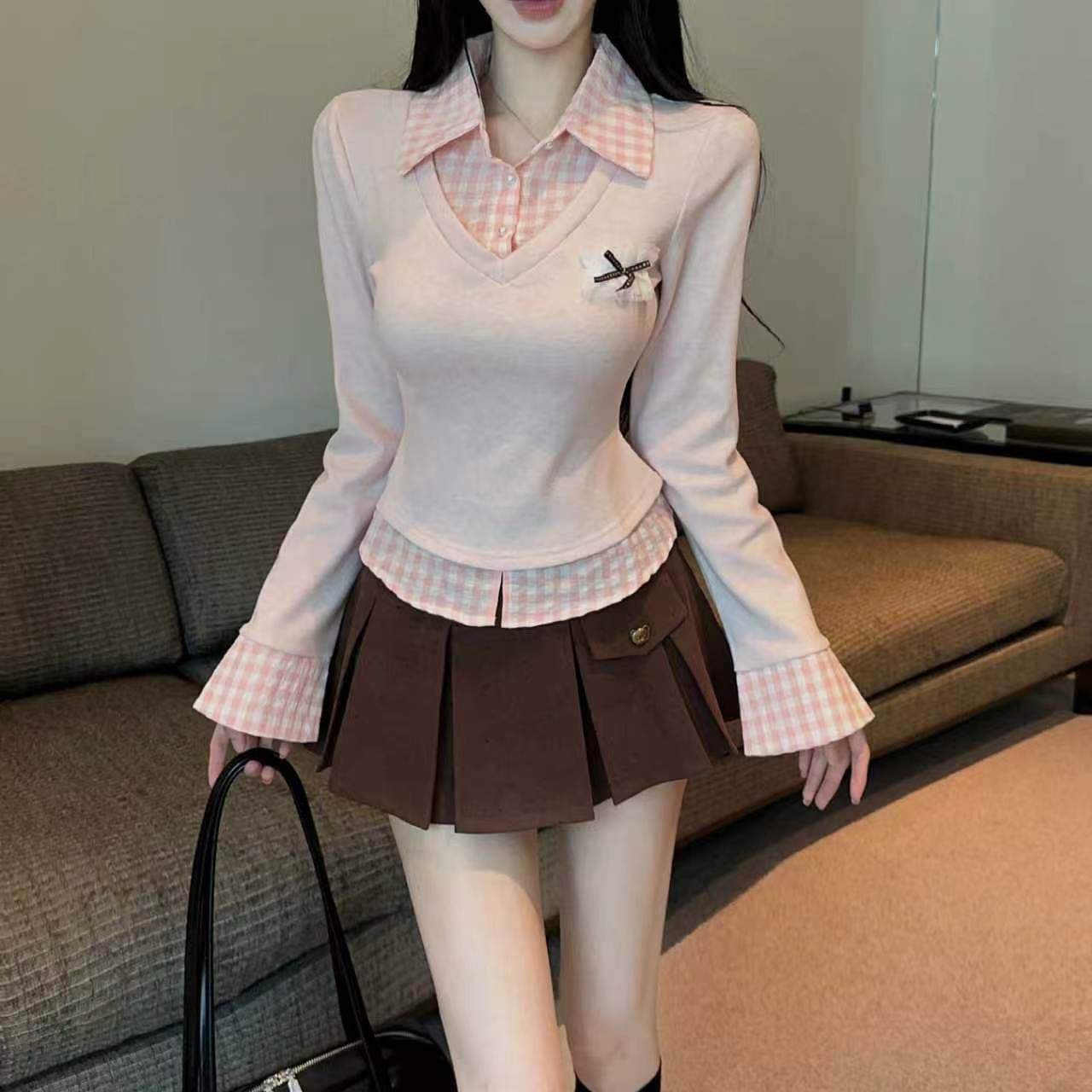 실사 순수한 욕망 달콤한 핫걸 세트 학원 스타일 허리 수축 페이크 레이어드 셔츠 맨위 플리츠 반 스커트 센스 투피스 세트 상세 이미지 10