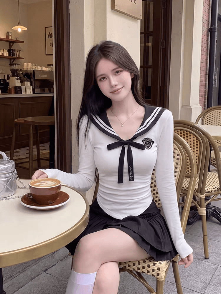 가을 새로운 해군 칼라 세일러복 티셔츠 여성 디자인 센스 몸매 가꾸기 주름 긴팔 춤추기 한국 스타일 연령 감소 맨위 상세 이미지 1