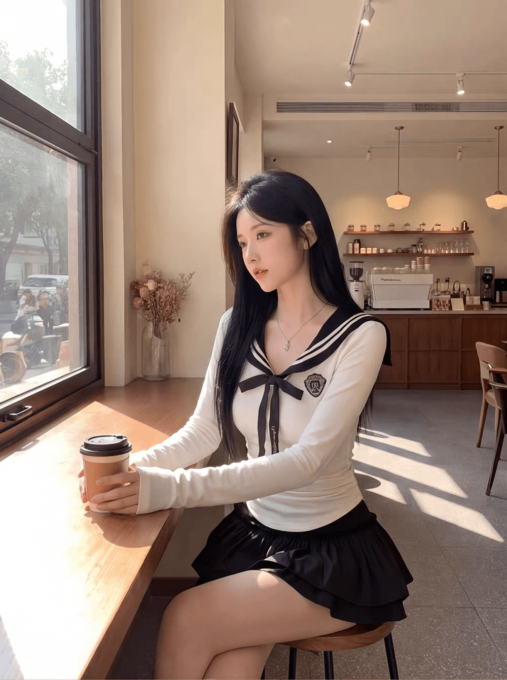 가을 새로운 해군 칼라 세일러복 티셔츠 여성 디자인 센스 몸매 가꾸기 주름 긴팔 춤추기 한국 스타일 연령 감소 맨위 상세 이미지 2
