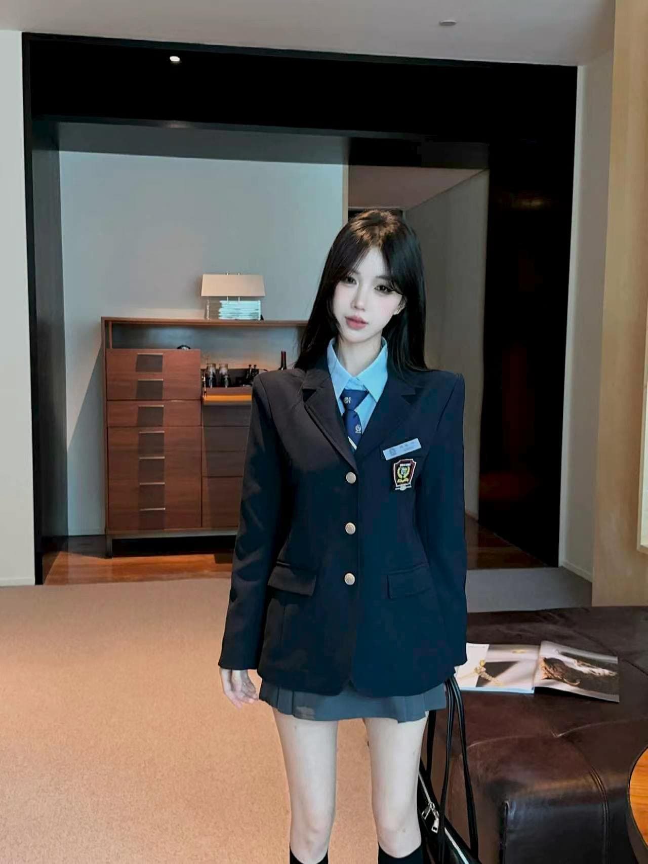 실사 한 부서 유니폼 학원 세트 학생 교복 블레이저 셔츠 플리츠 스커트 3종 세트 상세 이미지 1