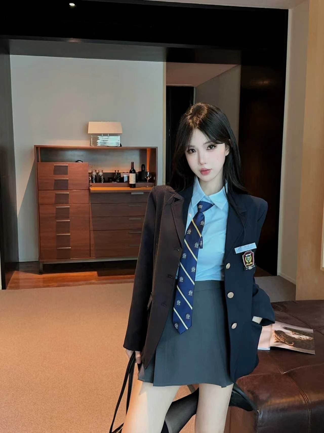 실사 한 부서 유니폼 학원 세트 학생 교복 블레이저 셔츠 플리츠 스커트 3종 세트 상세 이미지 3